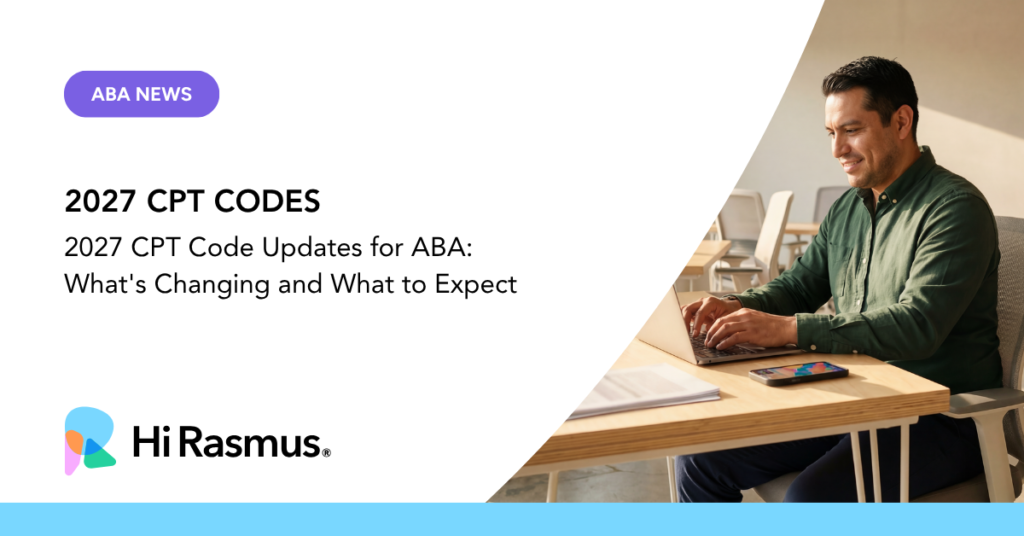 Text: 2027 CPT Code Updates for ABA: What's Changing and What to Expect Image: a man at a desk on his laptop
